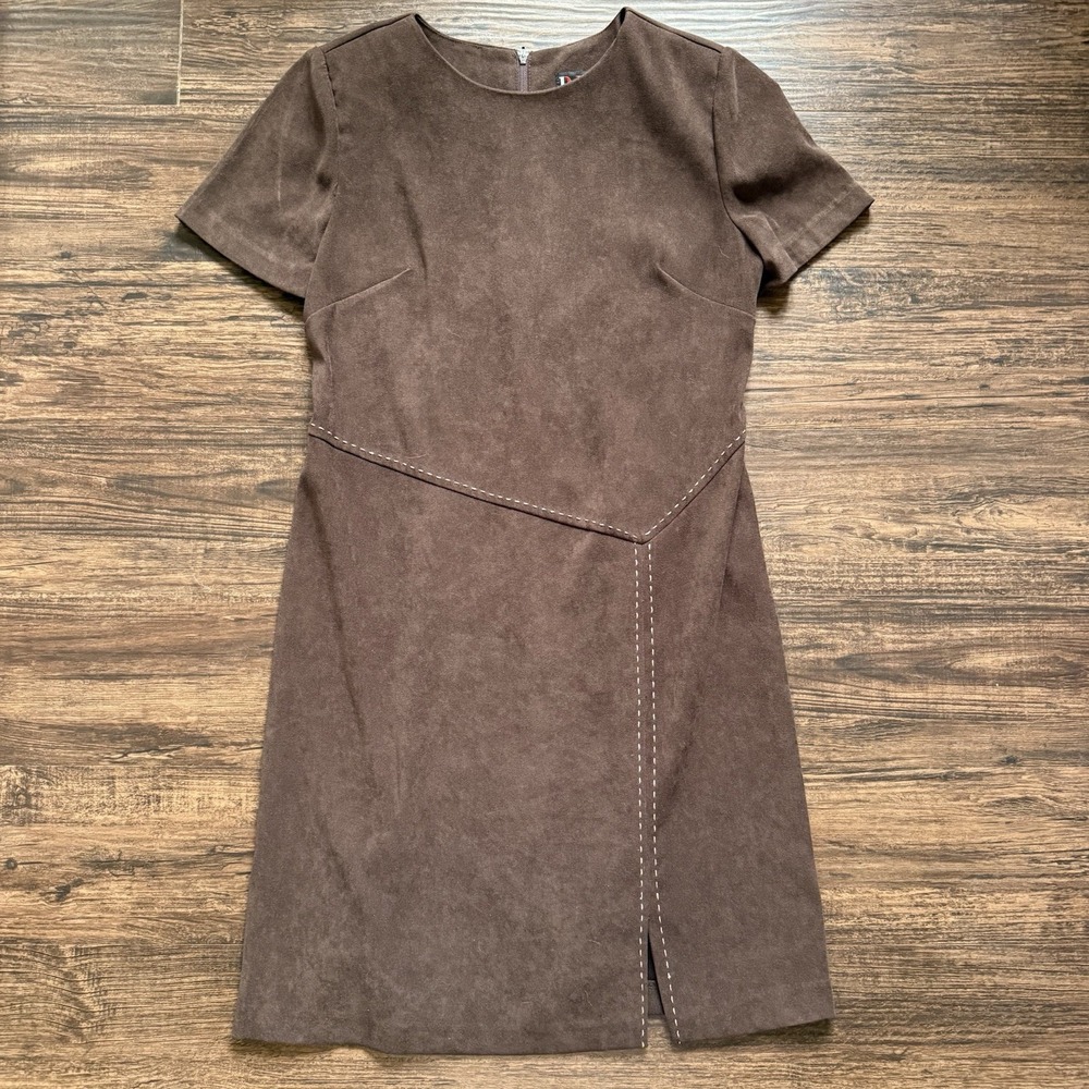R&K Original Petite Faux Suede Dress 4P Brown Contrast Stitch Mini Short Sleeve